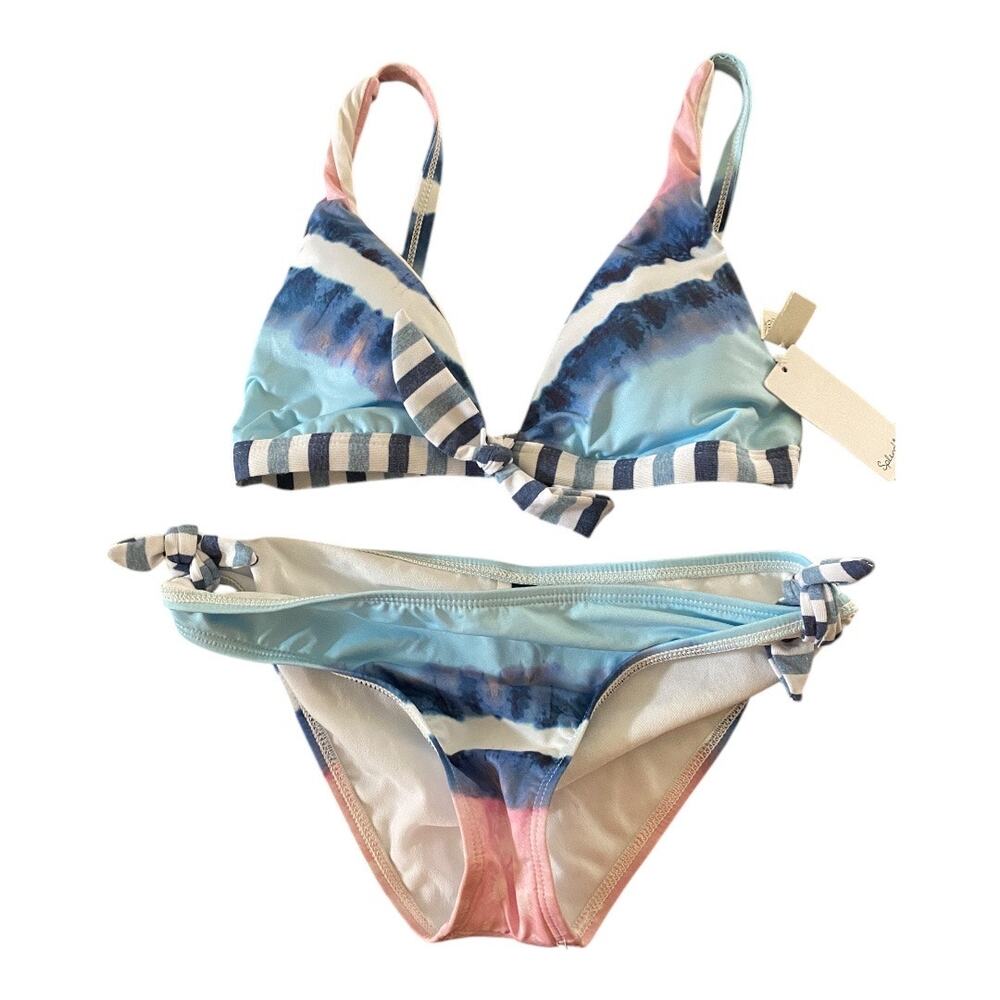 Splendid Size S Tie Dye Stripe Tie Bikini Set Blue Pink Watercolor Pastel Preppy